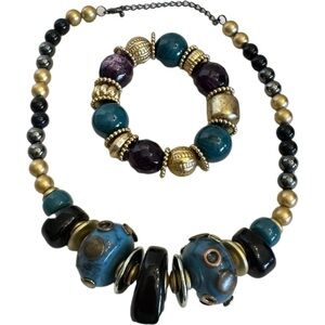 VTG Necklace Bracelet SET Artsy Turquoise Amethyst Antique Gold Chunky Beaded